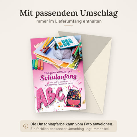 Einschulungskarte Kinder – Bunte Schulsachen mit Rucksack und ABC in fröhlichem Design
