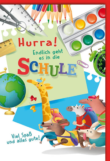 Einschulungskarte Kinder – Bunte Tiere mit Schulutensilien und fröhlichem Design
