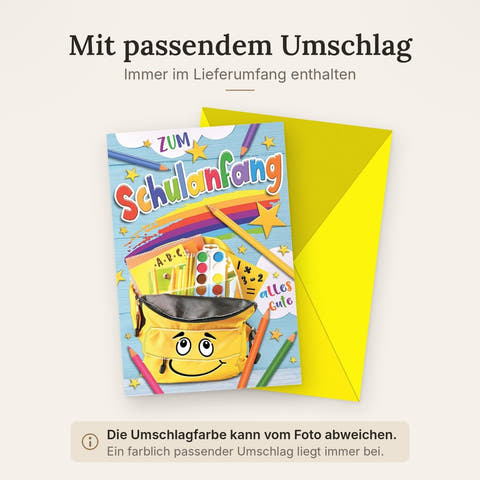 Einschulungskarte Kinder – Bunter Rucksack mit Regenbogen und fröhlichen Sternen