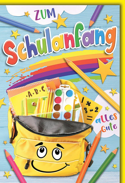 Einschulungskarte Kinder – Bunter Rucksack mit Regenbogen und fröhlichen Sternen