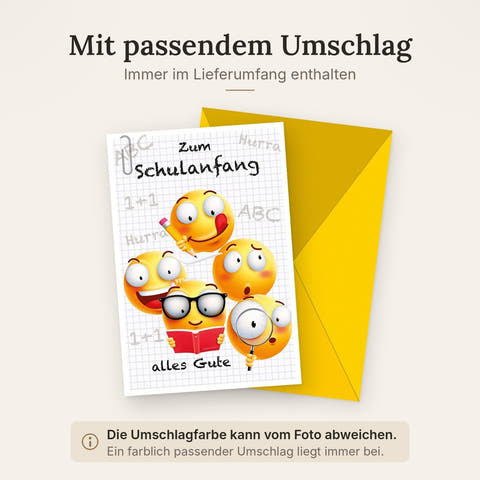 Einschulungskarte Kinder – Lustige Smileys mit Schulutensilien und fröhlichem Design