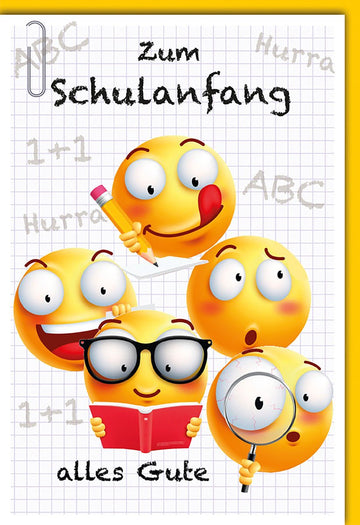 Einschulungskarte Kinder – Lustige Smileys mit Schulutensilien und fröhlichem Design
