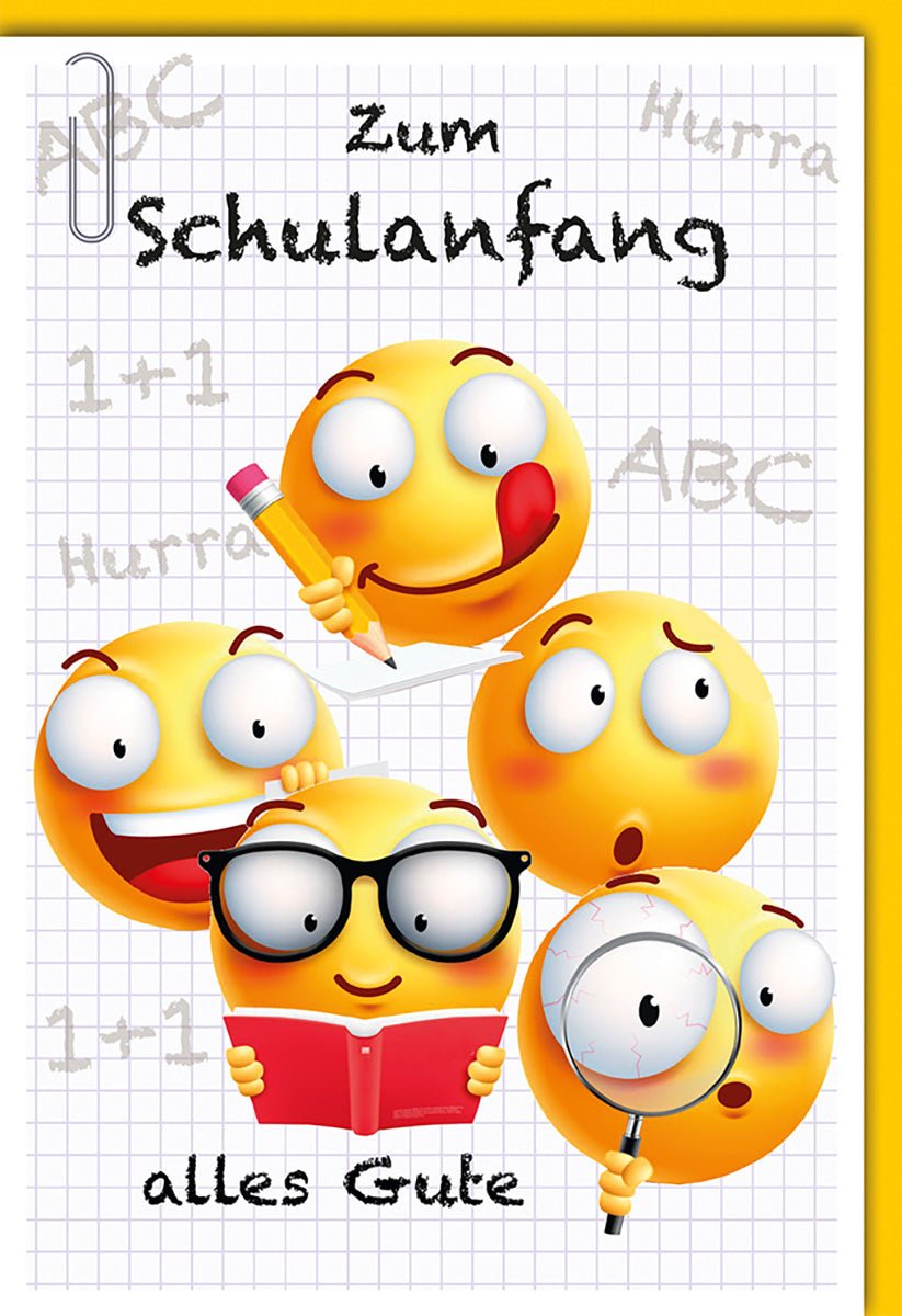 Einschulungskarte Kinder – Lustige Smileys mit Schulutensilien und fröhlichem Design
