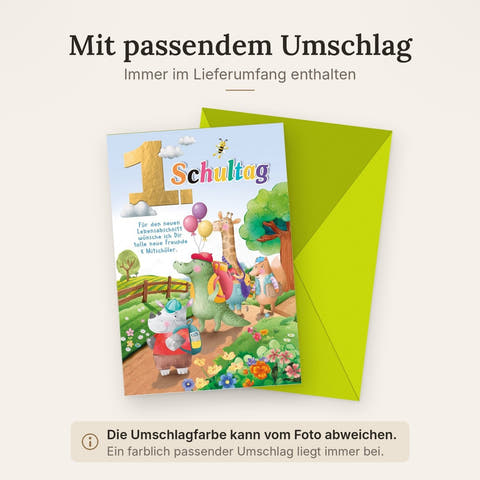 Einschulungskarte Kinder – Tierparade mit Ballons und buntem Schulranzen-Design