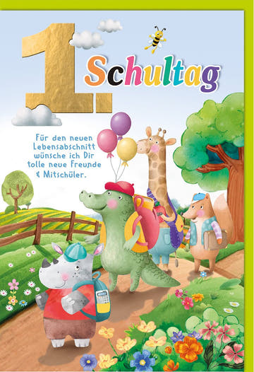 Einschulungskarte Kinder – Tierparade mit Ballons und buntem Schulranzen - Design