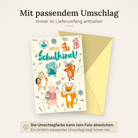 Einschulungskarte mit bunten Tierillustrationen - Pastell-Cartoon für den ersten Schultag, ideal zur Feier für Kinder, Eltern und Lehrer
