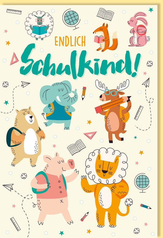 Einschulungskarte mit bunten Tierillustrationen - Pastell - Cartoon für den ersten Schultag, ideal zur Feier für Kinder, Eltern und Lehrer