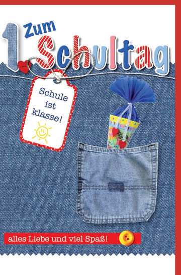 Einschulungskarte mit Schultüte & Jeanstasche - Denim Gruß zum Schulstart für Erstklässler