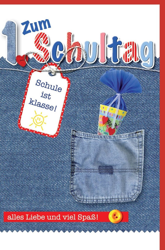 Einschulungskarte mit Schultüte & Jeanstasche - Denim Gruß zum Schulstart für Erstklässler