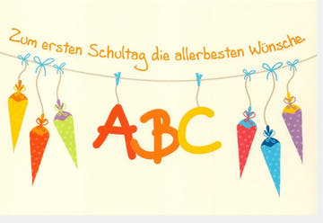 Einschulungskarte zum Schulanfang - Bunte ABC - Karte mit Schultütenmotiv für den ersten Schultag, Glückwünsche zur Einschulung