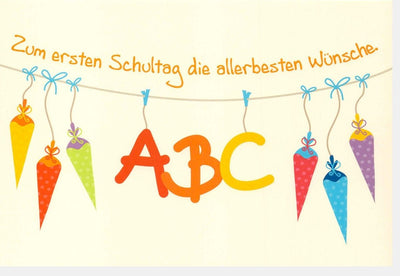 Einschulungskarte zum Schulanfang - Bunte ABC-Karte mit Schultütenmotiv für den ersten Schultag, Glückwünsche zur Einschulung