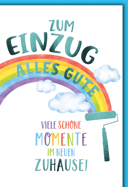 Umzugskarte Regenbogen – Farbrolle mit Wolken und bunter Schrift für Neuanfang