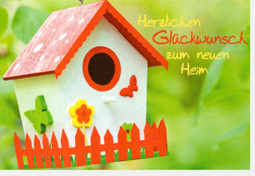 Einzugskarte - Willkommen im neuen Zuhause: Kreative Grußkarte mit Vogelhaus, Gartenzaun & Pflanzenmotiven - Karten zum Richtfest