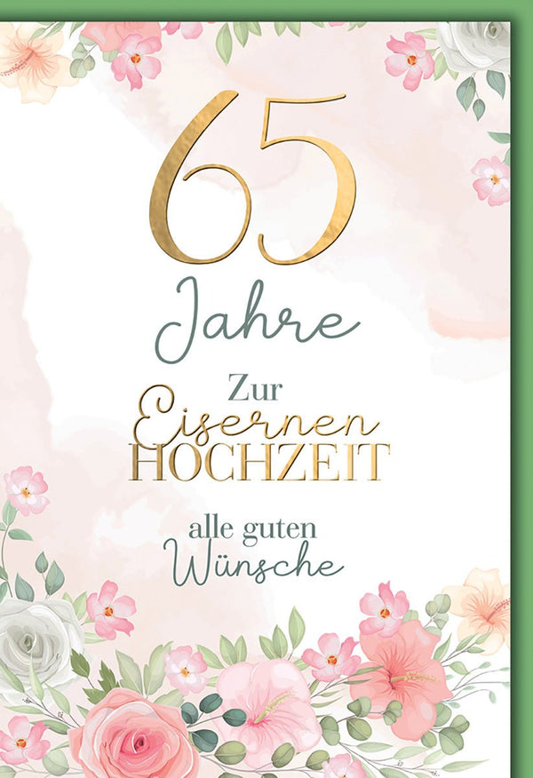 Eiserne Hochzeit Glückwunschkarte – Goldene 65 mit zarten Blumen in Aquarelloptik