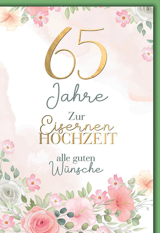 Eiserne Hochzeit Glückwunschkarte – Goldene 65 mit zarten Blumen in Aquarelloptik