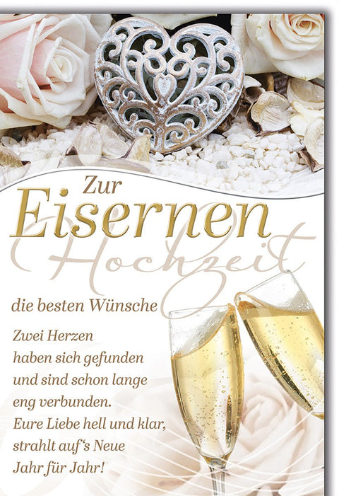 Eiserne Hochzeit Glückwunschkarte – Herzornament mit Champagnergläsern und Rosen