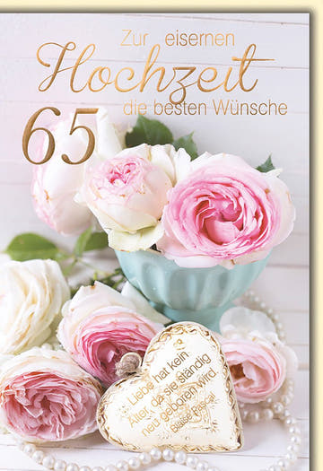 Eiserne Hochzeit Glückwunschkarte – Rosenbouquet mit Herzanhänger und Perlenkette