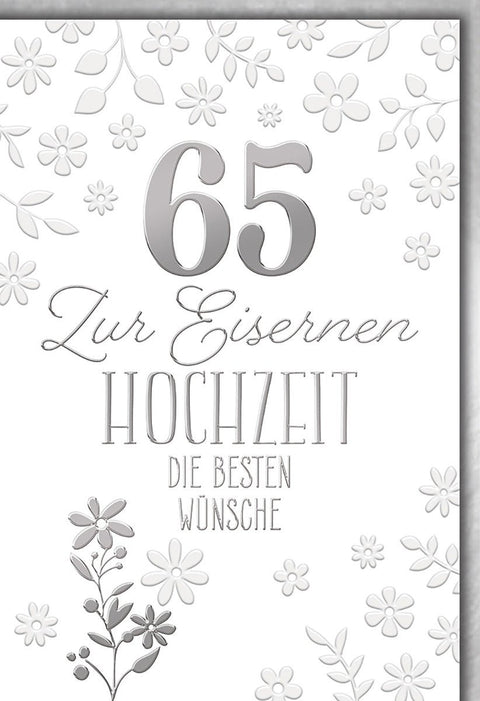 Eiserne Hochzeit Glückwunschkarte – Silberne Blumen auf weißem Hintergrund mit Prägung