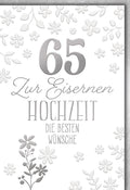 Eiserne Hochzeit Glückwunschkarte – Silberne Blumen auf weißem Hintergrund mit Prägung
