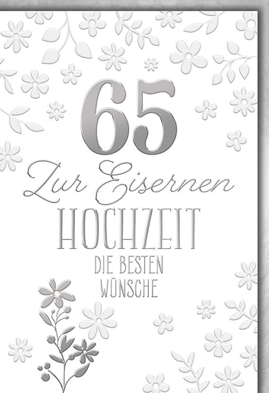 Eiserne Hochzeit Glückwunschkarte – Silberne Blumen auf weißem Hintergrund mit Prägung