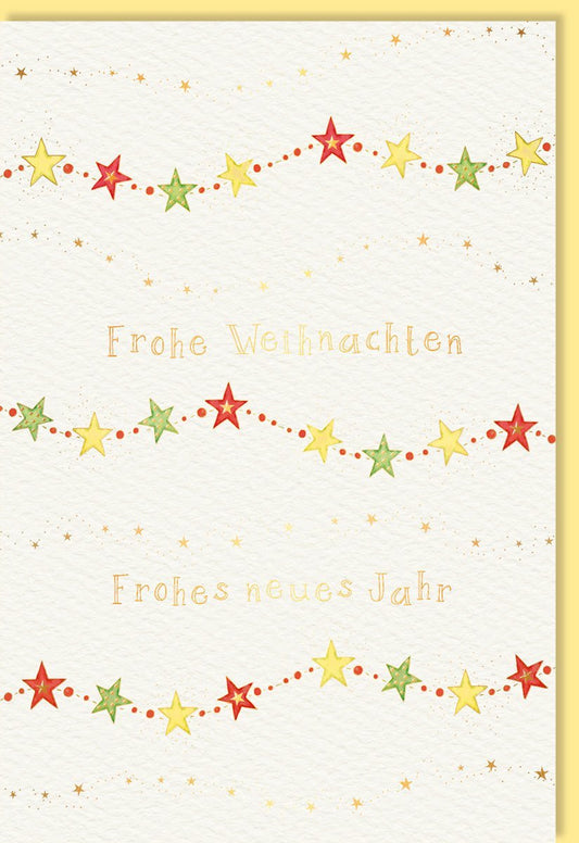 Elegante Weihnachtskarte mit Goldfolien - Sternen und Blindprägung auf Naturkarton für stilvolle Festtagsgrüße und Neujahrswünsche