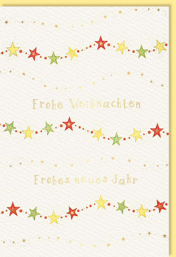 Elegante Weihnachtskarte mit Goldfolien-Sternen und Blindprägung auf Naturkarton für stilvolle Festtagsgrüße und Neujahrswünsche