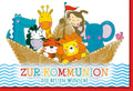 Erstkommunion Glückwunschkarte mit Tier- und Segelboot-Motiv – Bunte Kinderkarte zur religiösen Feier, Cartoon-Stil, Blau/Braun Ozean Design
