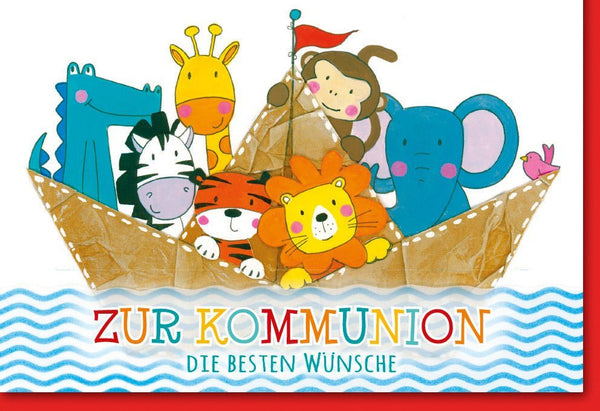 Erstkommunion Glückwunschkarte mit Tier- und Segelboot-Motiv – Bunte Kinderkarte zur religiösen Feier, Cartoon-Stil, Blau/Braun Ozean Design