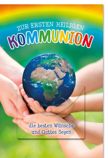 Erstkommunion Glückwunschkarte - Weltkugel - Design, Geldkuvert, Segenswünsche in Grün & Blau für Familie und Freunde