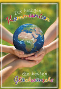 Erstkommunion Karte mit Weltkugel-Motiv - Spirituelle Grüße für Kinder, Segenswünsche zur kirchlichen Feier des Sakraments