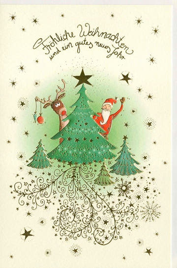 Festliche Grußkarte aus Naturkarton mit Nikolaus, Elch und Baum - Motiv