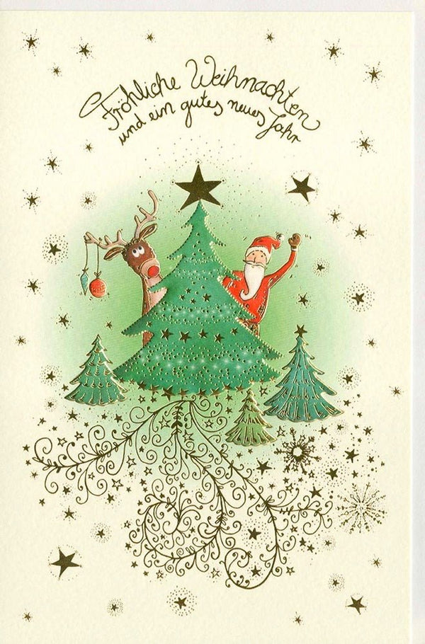 Festliche Grußkarte aus Naturkarton mit Nikolaus, Elch und Baum-Motiv