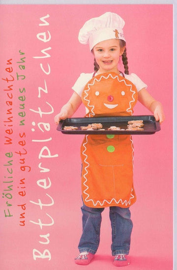 Festliche Grußkarte Kind mit Butterplätzchen - Motiv für Weihnachten