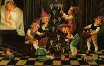 Festliche Kinder - Weihnachtspostkarte mit Weihnachtsbaum und Mützen: Merry Christmas