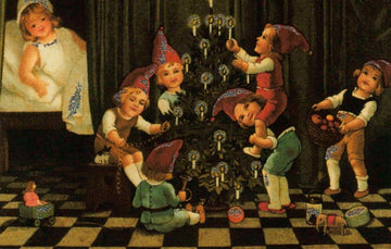 Festliche Kinder - Weihnachtspostkarte mit Weihnachtsbaum und Mützen: Merry Christmas