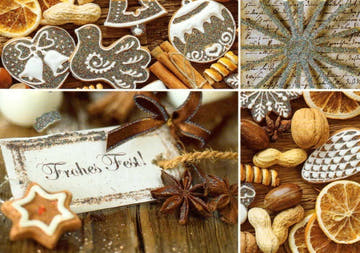 Festliche Postkarte mit 4 Weihnachtsfotos: Nüsse und Gebäck für ein Frohes Fest, weihnachtspostkarten