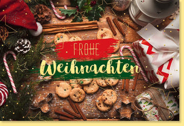 Festliche Weihnachtsgrußkarte: Elegantes Festtisch - Design mit Goldfolie, Tannenzapfen & Zimtsternen – Perfekt für Ihre Feiertagswünsche