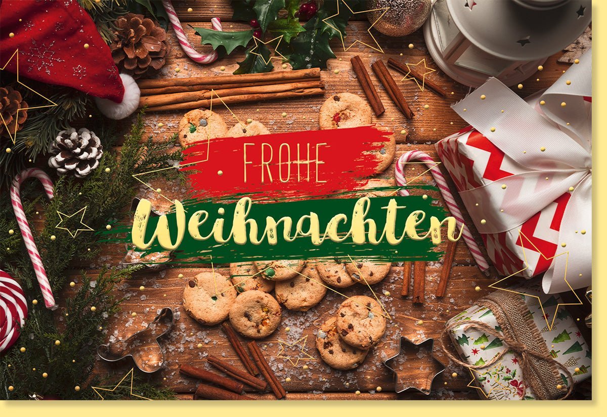 Festliche Weihnachtsgrußkarte: Elegantes Festtisch - Design mit Goldfolie, Tannenzapfen & Zimtsternen – Perfekt für Ihre Feiertagswünsche