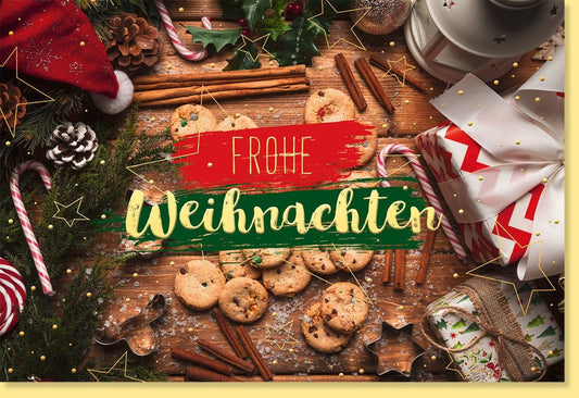 Festliche Weihnachtsgrußkarte: Elegantes Festtisch - Design mit Goldfolie, Tannenzapfen & Zimtsternen – Perfekt für Ihre Feiertagswünsche
