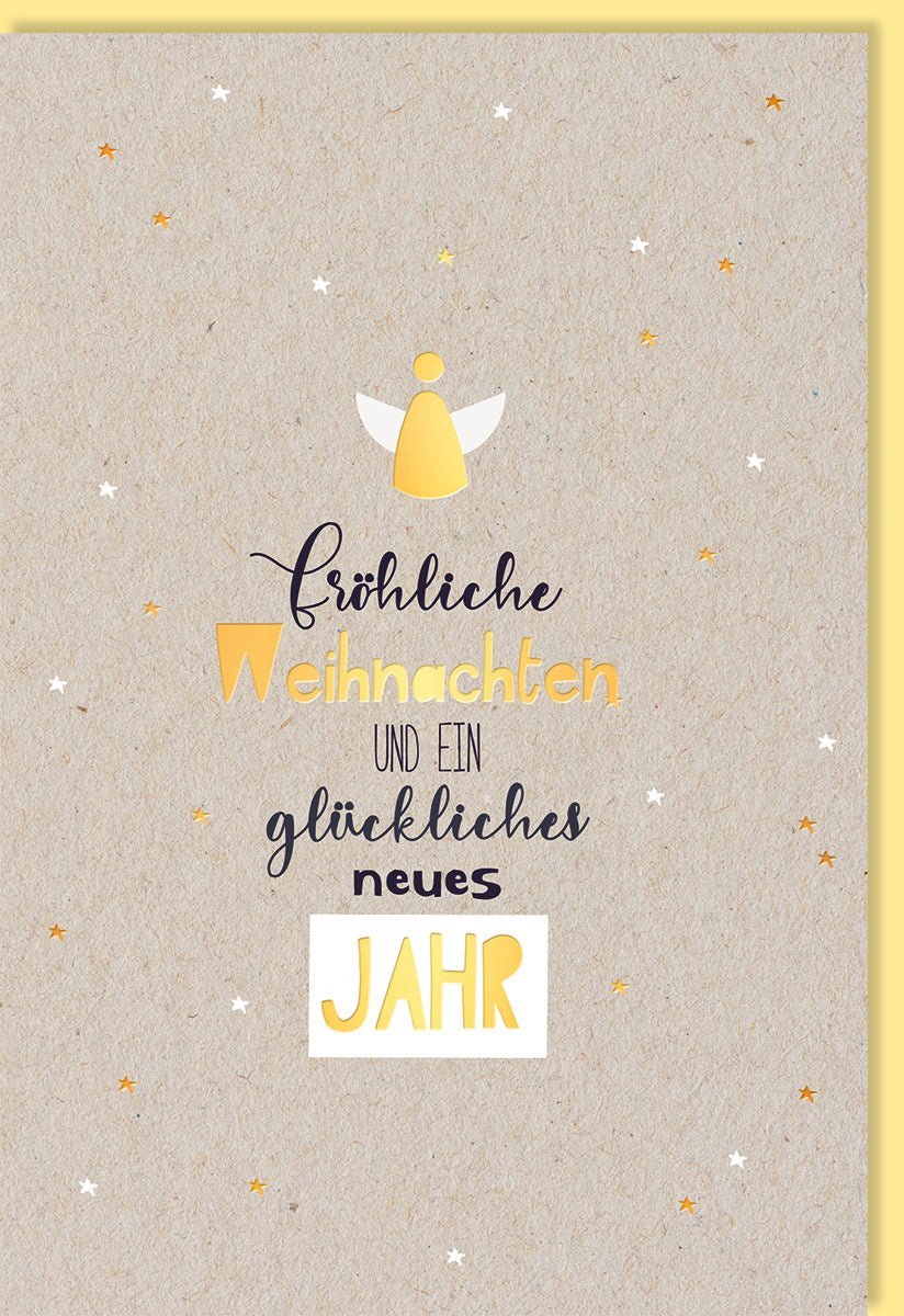 Festliche Weihnachtsgrußkarte mit Engel & Sternen, Elegante Wünsche auf Naturkarton mit Goldfolie, Recyclebar für geschäftliche Anlässe