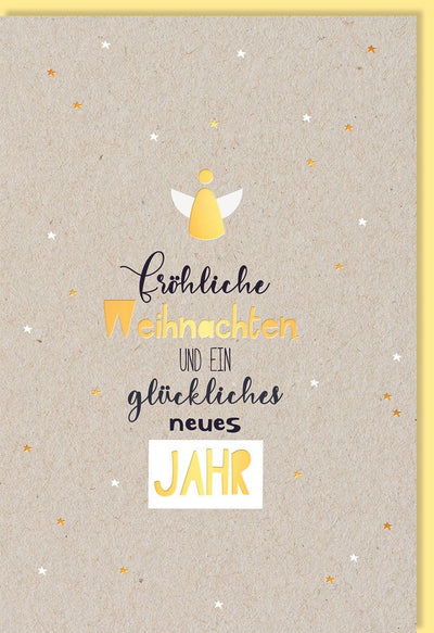 Festliche Weihnachtsgrußkarte mit Engel & Sternen, Elegante Wünsche auf Naturkarton mit Goldfolie, für geschäftliche Anlässe