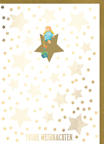 Festliche Weihnachtsgrußkarte mit Glitzersternen und Engel - Elegante Karte in Gold & Beige für besinnliche Feiertage