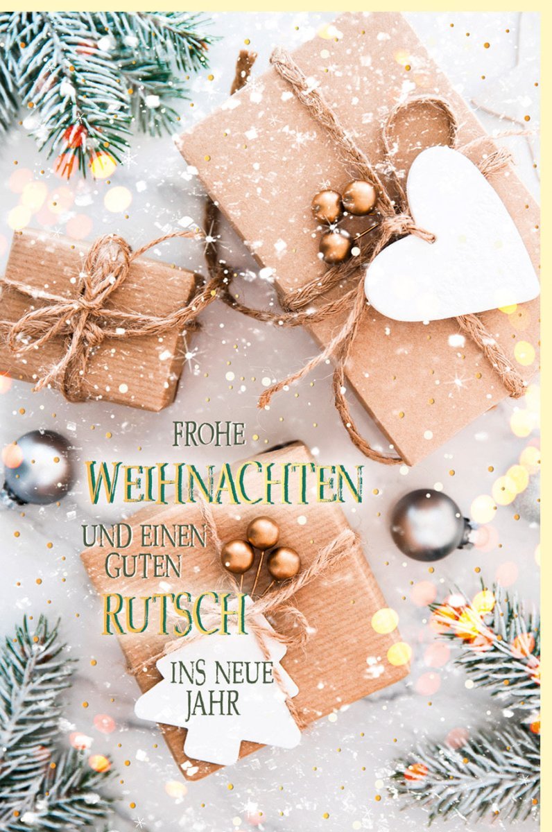 Festliche Weihnachtsgrußkarte mit Goldfolie & Glitzer - Eleganter Winterzauber mit Tannenzweigen, Schnee & Geschenken