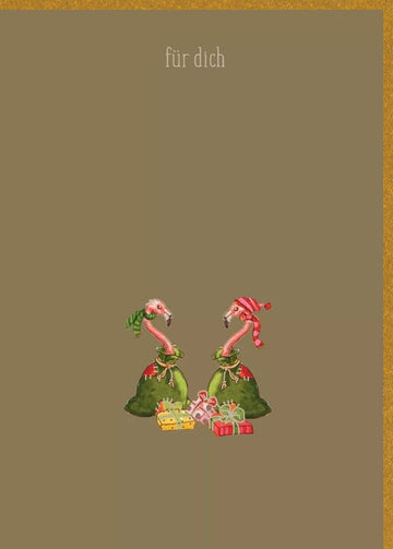 Festliche Weihnachtsgrußkarte mit Tannenbaum & Mütze - Goldener Hintergrund, Frohe Festtage für Dich