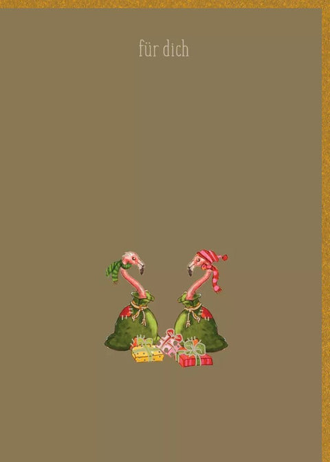 Festliche Weihnachtsgrußkarte mit Tannenbaum & Mütze - Goldener Hintergrund, Frohe Festtage für Dich