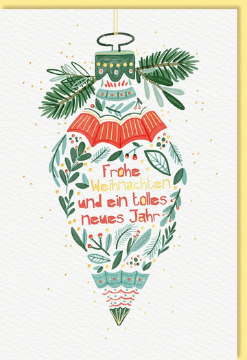 Festliche Weihnachtsgrußkarte mit Tannenzweigen, Naturkarton veredelt mit Goldfolie und Blindprägung, edles Christbaumkugel - Design