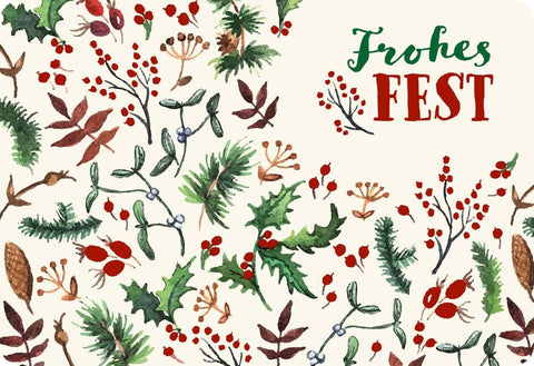 Festliche Weihnachtskarte mit Bäumen und Blumen - Frohes Fest Grüße
