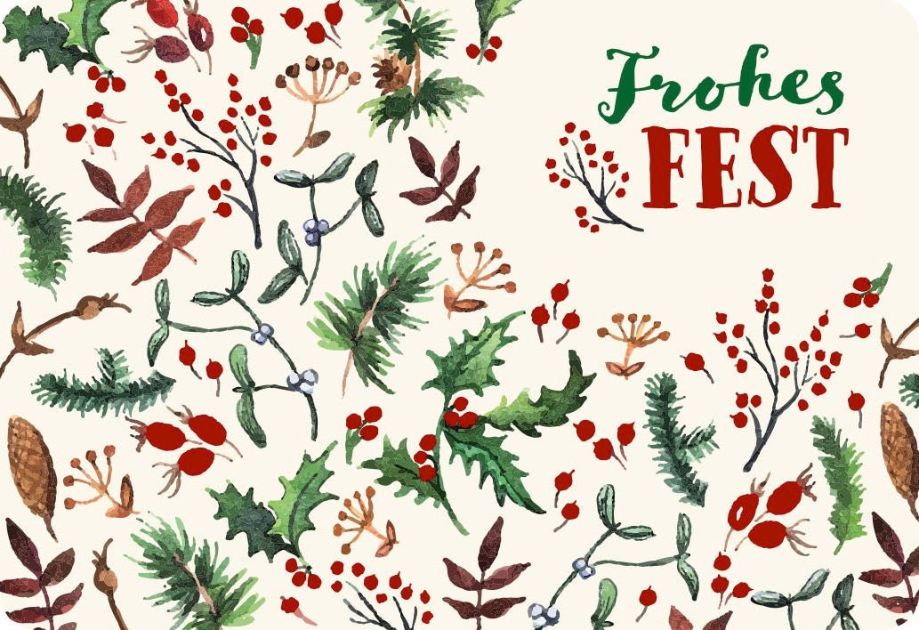 Festliche Weihnachtskarte mit Bäumen und Blumen - Frohes Fest Grüße
