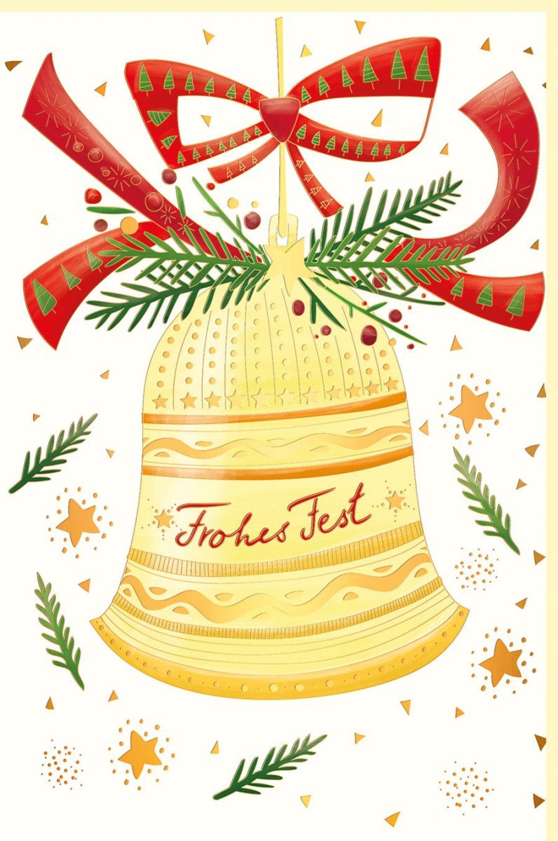 Festliche Weihnachtskarte mit Glocke & Schleife - Hochwertiger Gruß in Gold und Rot für Unternehmen
