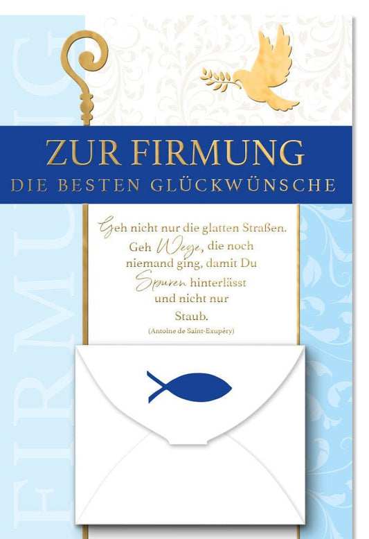 Firmungskarte mit Geldfach, Taube & Folienprägung, Zitat von Saint - Exupéry – Feier des Glaubens
